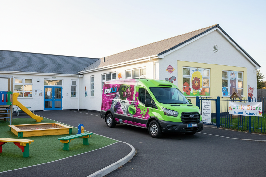 Washzilla van parked at infant school playground with clean surfaces and play equipment